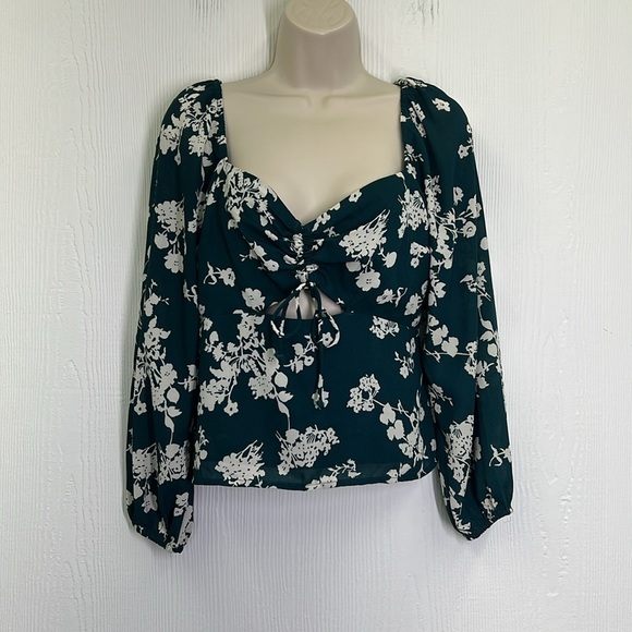 Abercrombie & Fitch - Cinched Dark Green And White Floral Long Sleeve Blouse Med - Picture 3 of 12